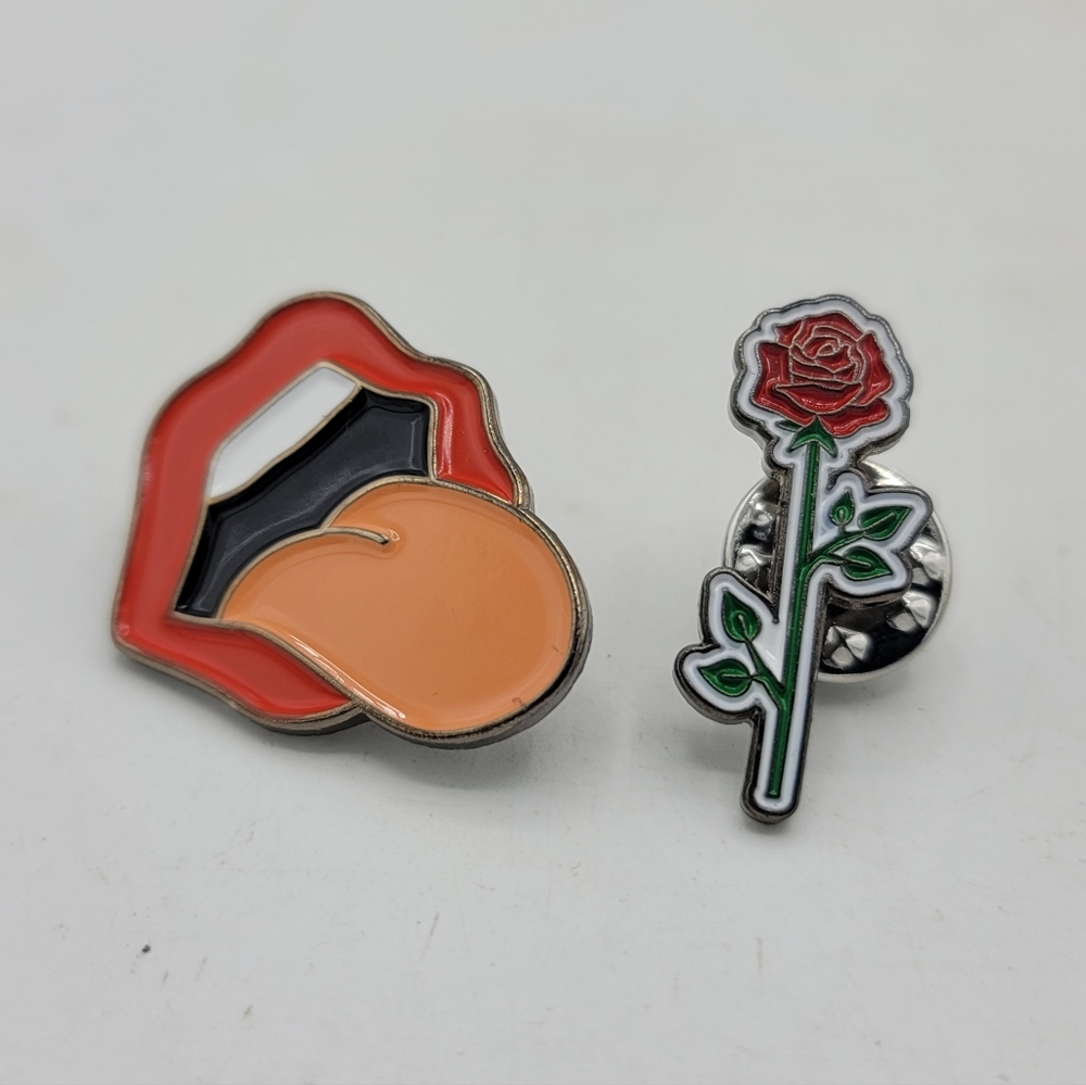 Pop Art Lips & Red Rose Enamel Pin Set Modern Retro Gift for Jacket or Bag